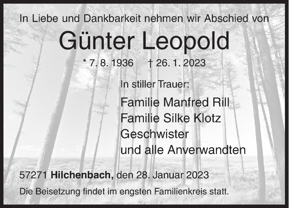  Traueranzeige für Günter Leopold vom 28.01.2023 aus Siegener Zeitung