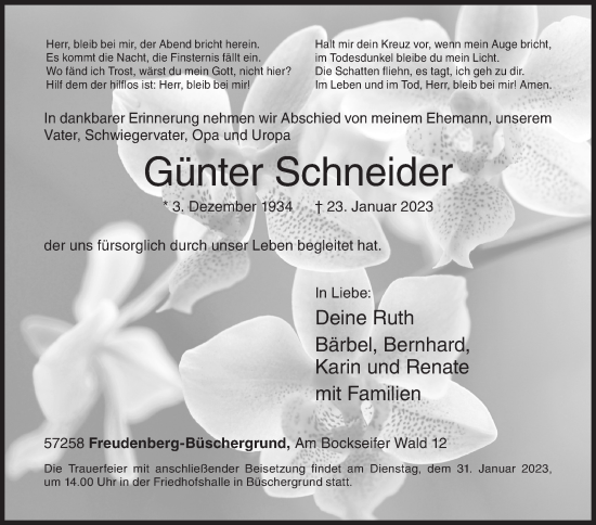 Traueranzeige von Günter Schneider von Siegener Zeitung