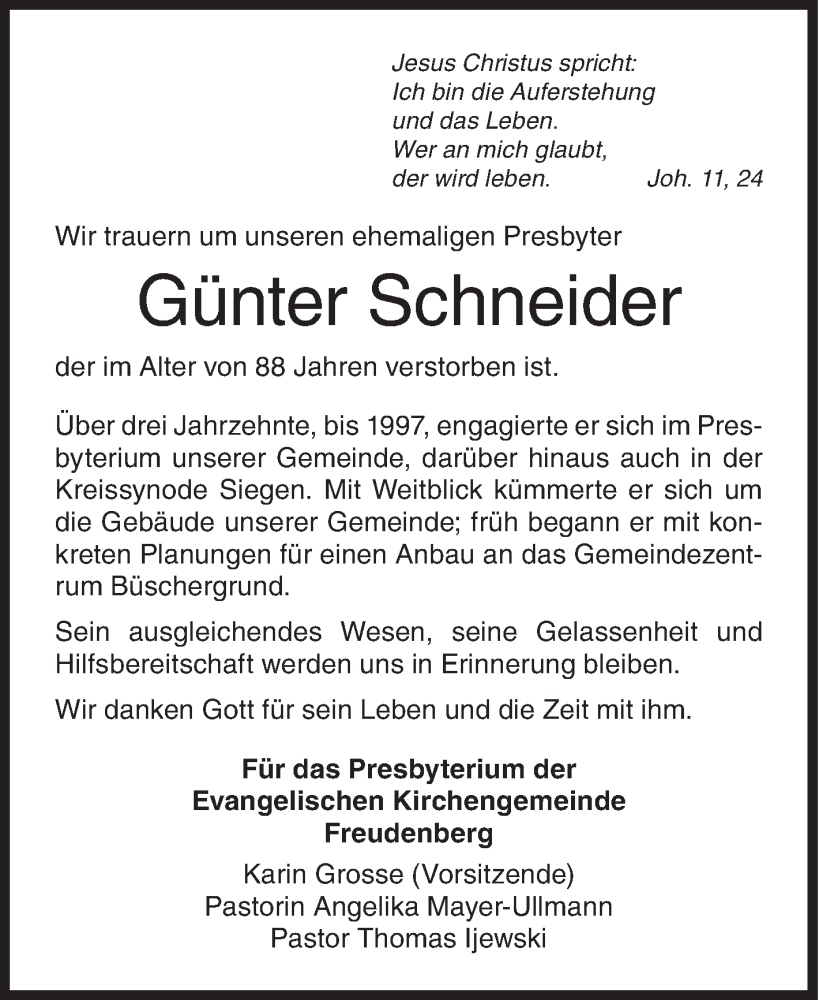  Traueranzeige für Günter Schneider vom 31.01.2023 aus Siegener Zeitung