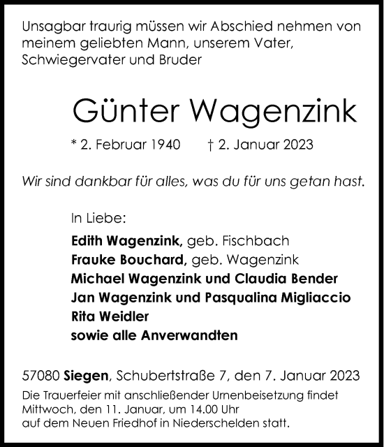 Traueranzeige von Günter Wagenzink von Siegener Zeitung