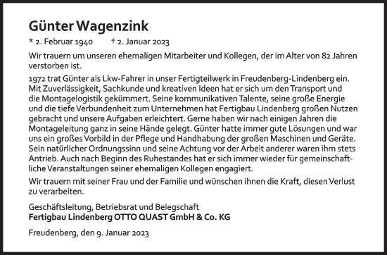 Traueranzeige von Günter WagenzinkGünter Wagenzink von Siegener Zeitung