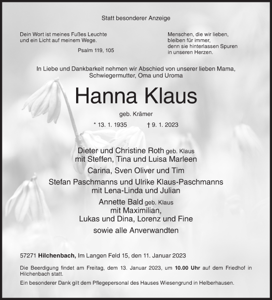 Traueranzeige von Hanna Klaus von Siegener Zeitung