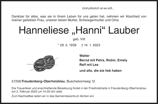 Traueranzeige von Hanneliese  Lauber von Siegener Zeitung