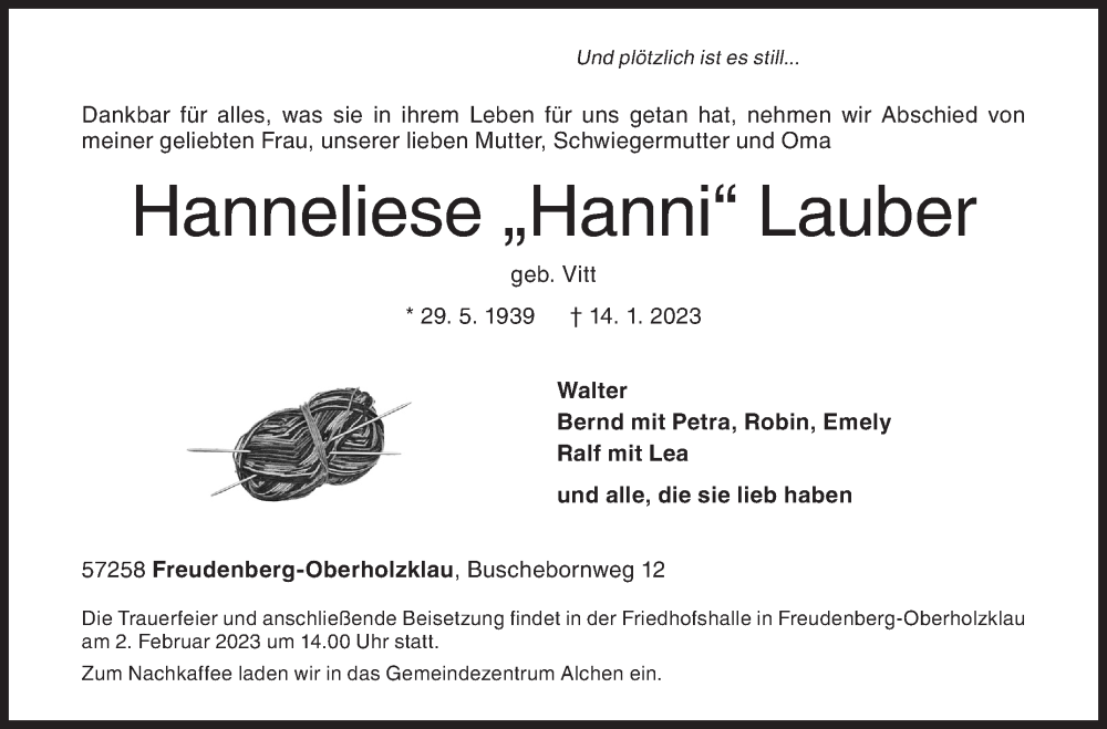 Traueranzeige für Hanneliese  Lauber vom 31.01.2023 aus Siegener Zeitung