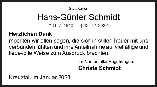 Traueranzeige von Hans-Günter Schmidt von Siegener Zeitung