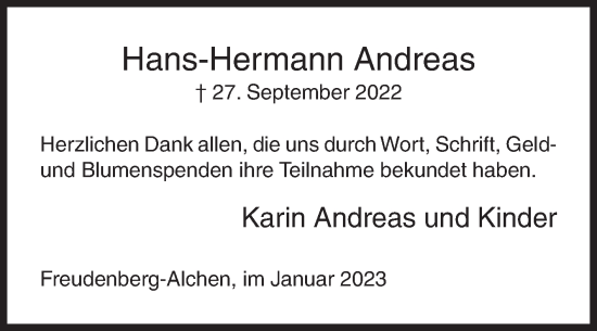 Traueranzeige von Hans-Hermann Andreas von Siegener Zeitung