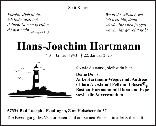 Traueranzeige von Hans-Joachim Hartmann von Siegener Zeitung