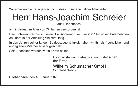 Traueranzeige von Hans-Joachim Schreier von Siegener Zeitung