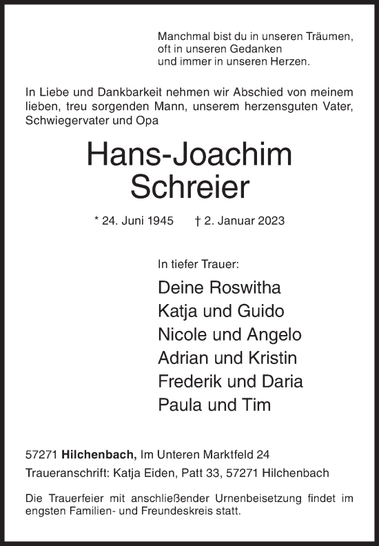 Traueranzeige von Hans-Joachim Schreier von Siegener Zeitung