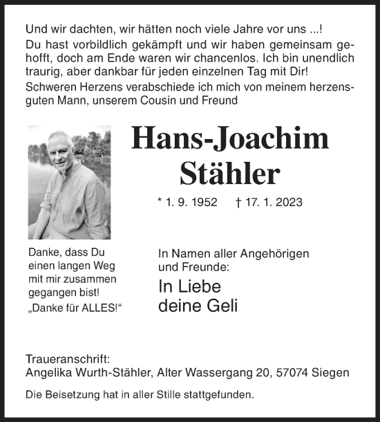 Traueranzeige von Hans-Joachim Stähler von Siegener Zeitung