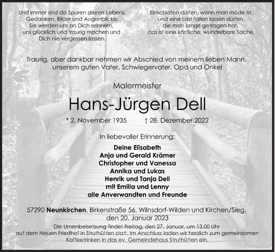 Traueranzeige von Hans-Jürgen Dell von Siegener Zeitung