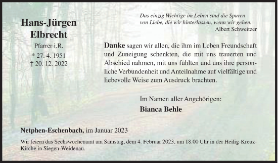 Traueranzeige von Hans-Jürgen Elbrecht von Siegener Zeitung