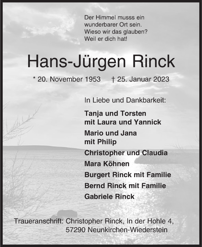  Traueranzeige für Hans-Jürgen Rinck vom 28.01.2023 aus Siegener Zeitung