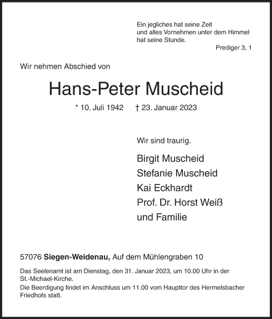 Traueranzeige von Hans-Peter Muscheid von Siegener Zeitung