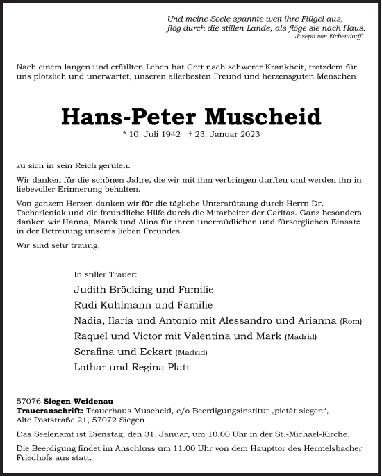 Traueranzeige von Hans-Peter Muscheid von Siegener Zeitung