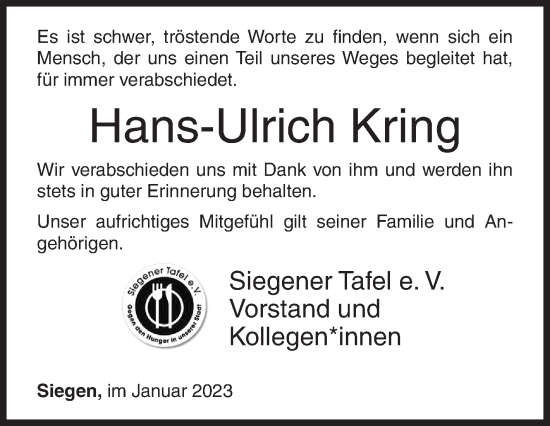 Traueranzeige von Hans-Ulrich Kring von Siegener Zeitung