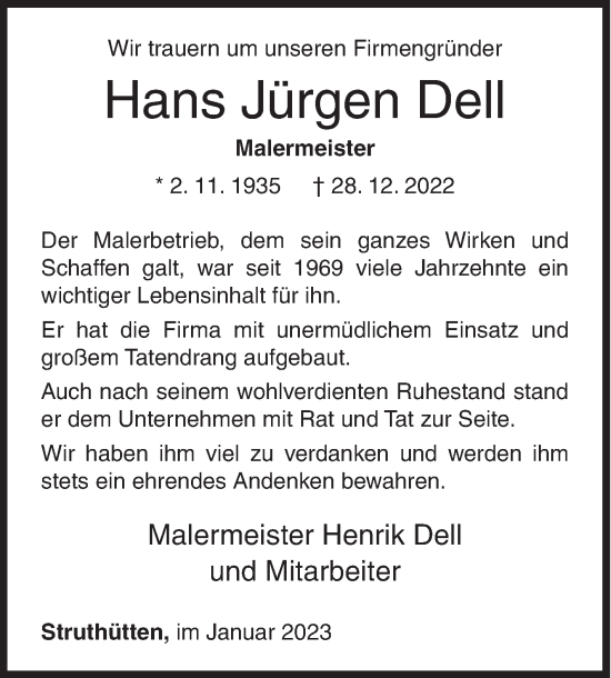 Traueranzeige von Hans Jürgen Dell von Siegener Zeitung