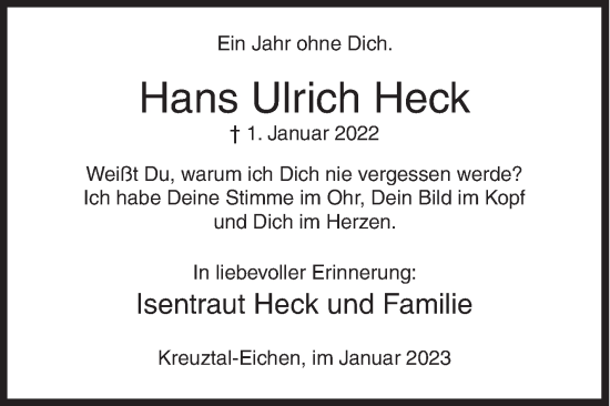 Traueranzeige von Hans Ulrich Heck von Siegener Zeitung