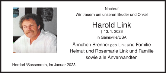 Traueranzeige von Harold Link von Siegener Zeitung