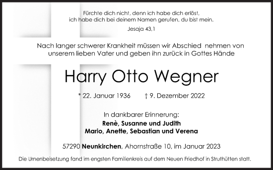 Traueranzeige von Harry Otto Wegner von Siegener Zeitung