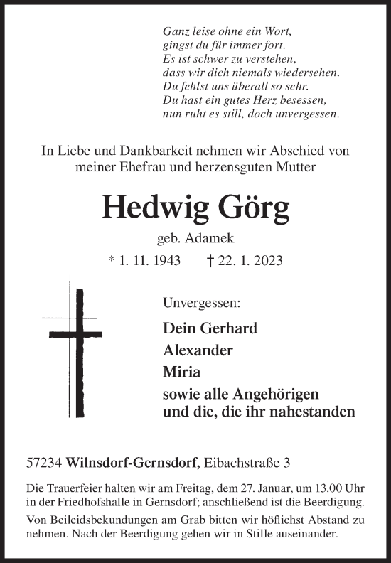 Traueranzeige von Hedwig Görg von Siegener Zeitung