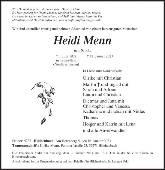 Traueranzeige von Heidi Menn von Siegener Zeitung