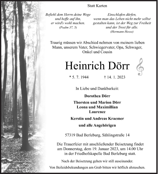 Traueranzeige von Heinrich Dörr von Siegener Zeitung