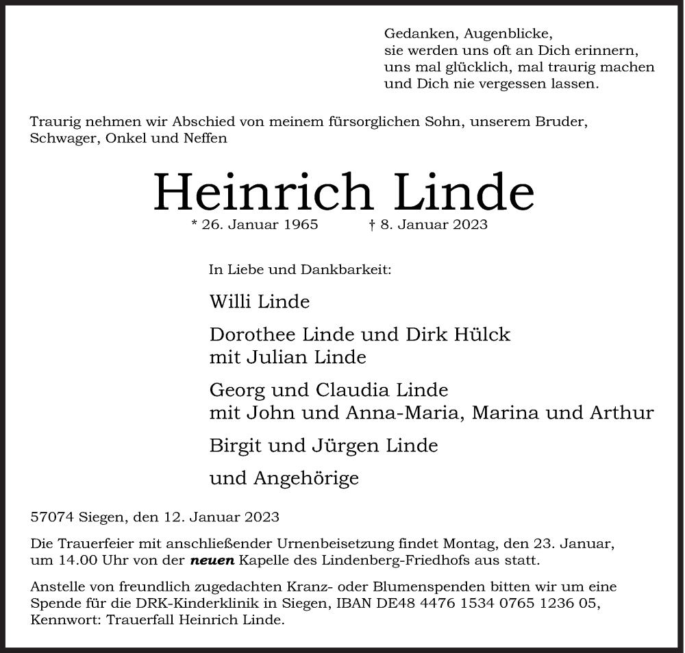  Traueranzeige für Heinrich Linde vom 12.01.2023 aus Siegener Zeitung