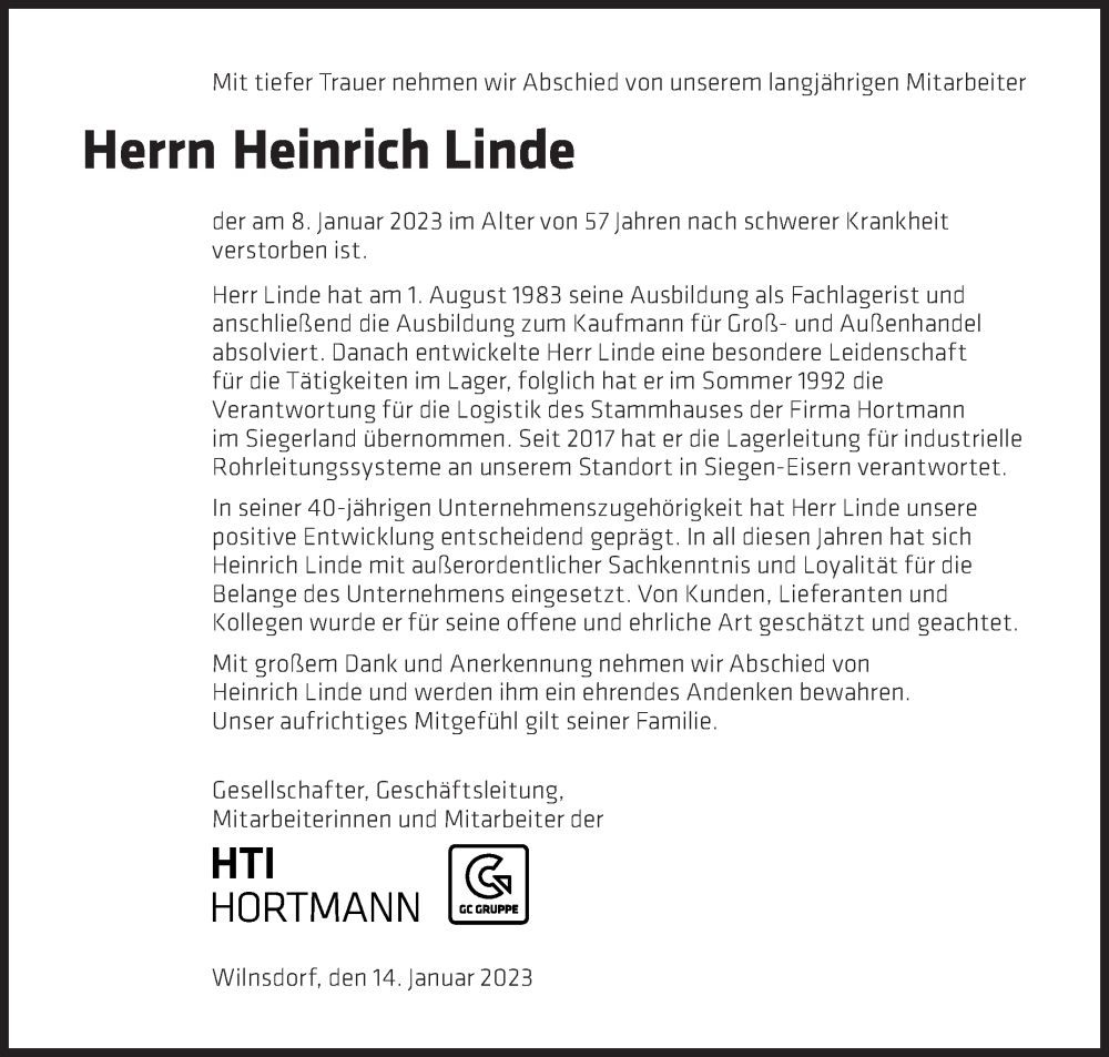  Traueranzeige für Heinrich Linde vom 14.01.2023 aus Siegener Zeitung