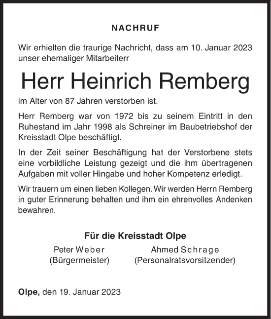 Traueranzeige von Heinrich Remberg von Siegener Zeitung