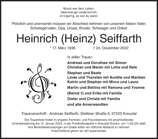 Traueranzeige von Heinrich Seiffarth von Siegener Zeitung
