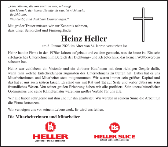 Traueranzeige von Heinz Heller von Siegener Zeitung