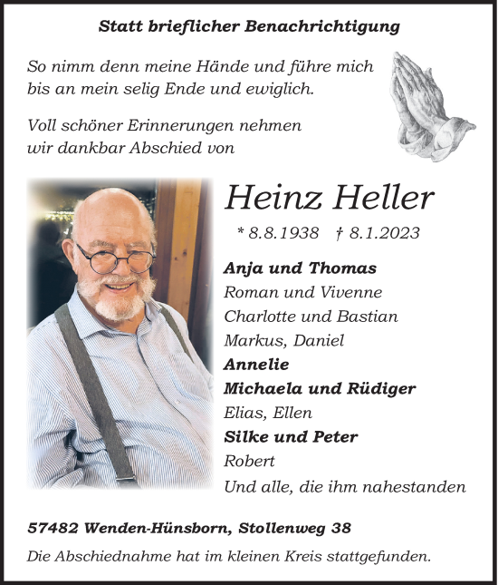 Traueranzeige von Heinz Heller von Siegener Zeitung