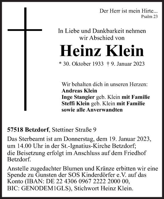 Traueranzeige von Heinz Klein von Siegener Zeitung