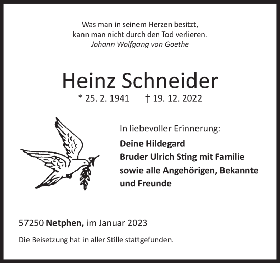 Traueranzeige von Heinz Schneider von Siegener Zeitung