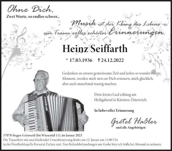 Traueranzeige von Heinz Seiffrath von Siegener Zeitung