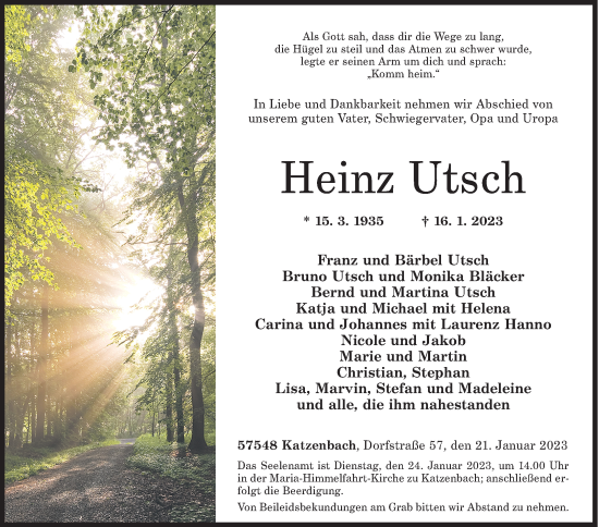 Traueranzeige von Heinz Utsch von Siegener Zeitung
