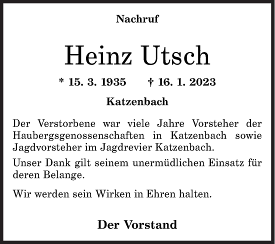 Traueranzeige von Heinz Utsch von Siegener Zeitung