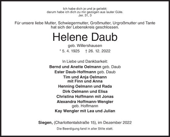 Traueranzeige von Helene Daub von Siegener Zeitung