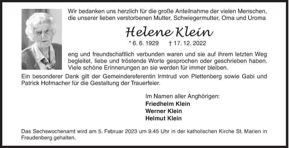  Traueranzeige für Helene Klein vom 28.01.2023 aus Siegener Zeitung