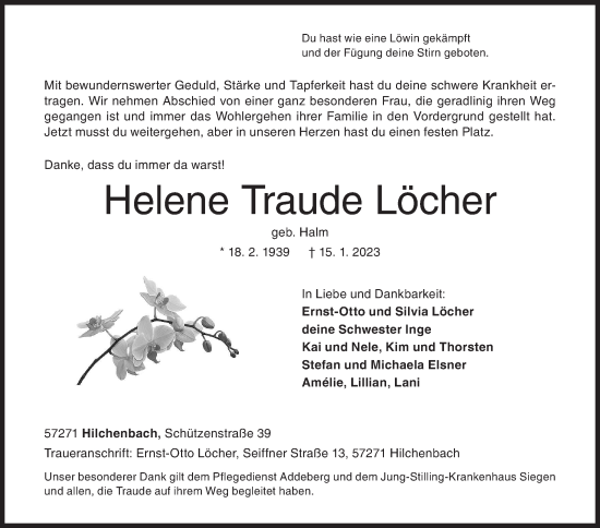 Traueranzeige von Helene Traude Löcher von Siegener Zeitung