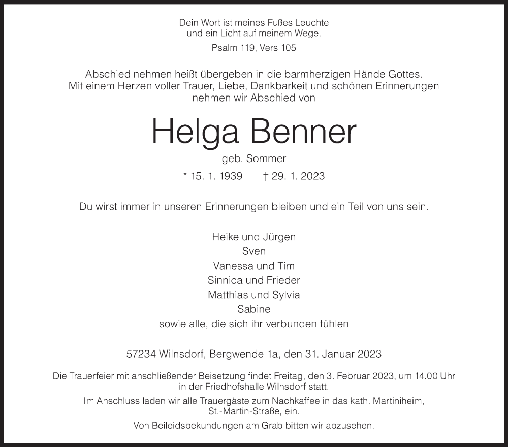  Traueranzeige für Helga Benner vom 31.01.2023 aus Siegener Zeitung