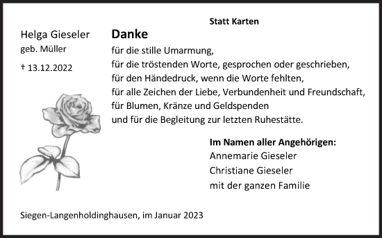 Traueranzeige von Helga Gieseler von Siegener Zeitung