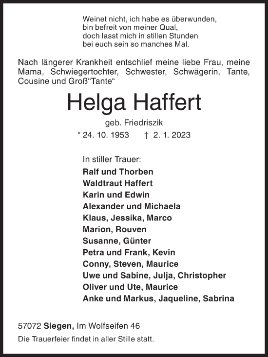 Traueranzeige von Helga Haffert von Siegener Zeitung