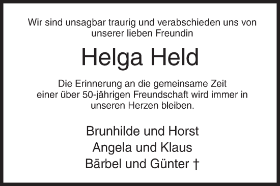Traueranzeige von Helga Held von Siegener Zeitung