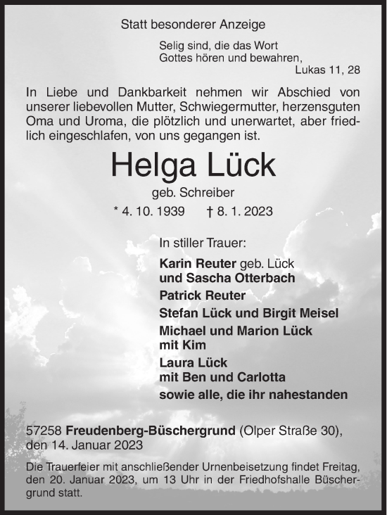 Traueranzeige von Helga Lück von Siegener Zeitung