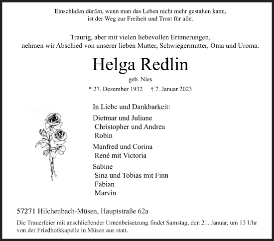 Traueranzeige von Helga Redlin von Siegener Zeitung