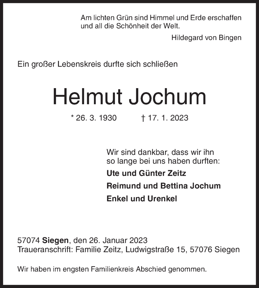  Traueranzeige für Helmut Jochum vom 26.01.2023 aus Siegener Zeitung