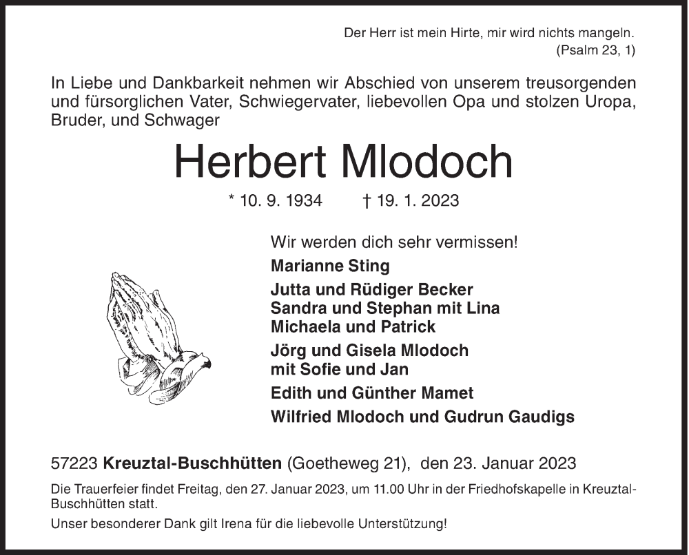  Traueranzeige für Herbert Mlodoch vom 23.01.2023 aus Siegener Zeitung