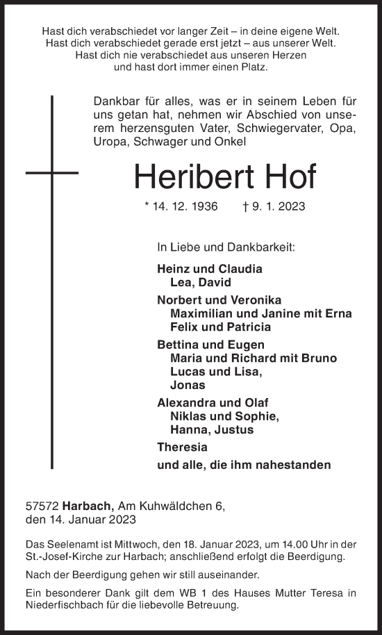 Traueranzeige von Heribert Hof von Siegener Zeitung